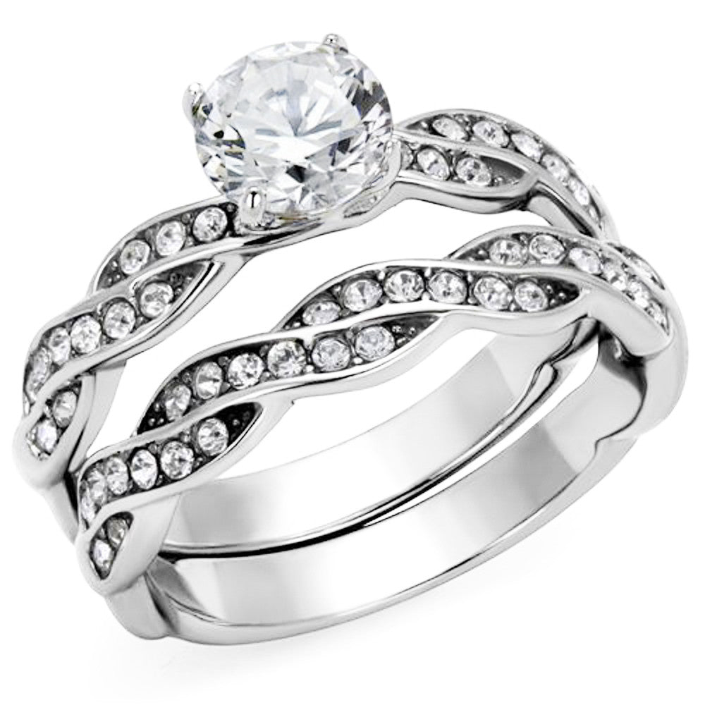 ARTK2475 Stainless Steel 1.78 Ct Round Cut Cz Twisted Wedding Ring Band Set Women's 5-10